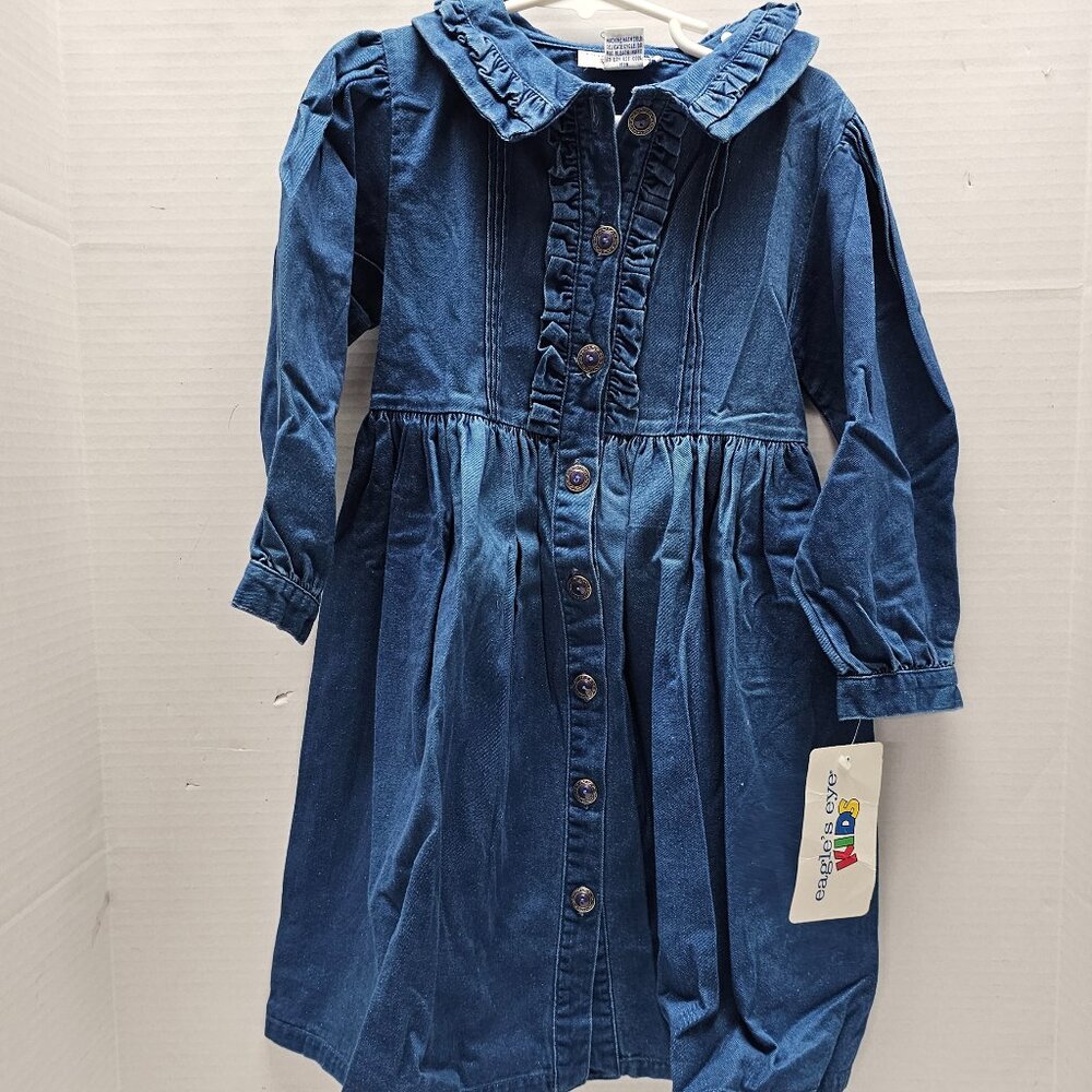 New Eagles Eye Kids Girl Blue Denim Ruffle Modest Long Sleeve School Dress 4-5 S